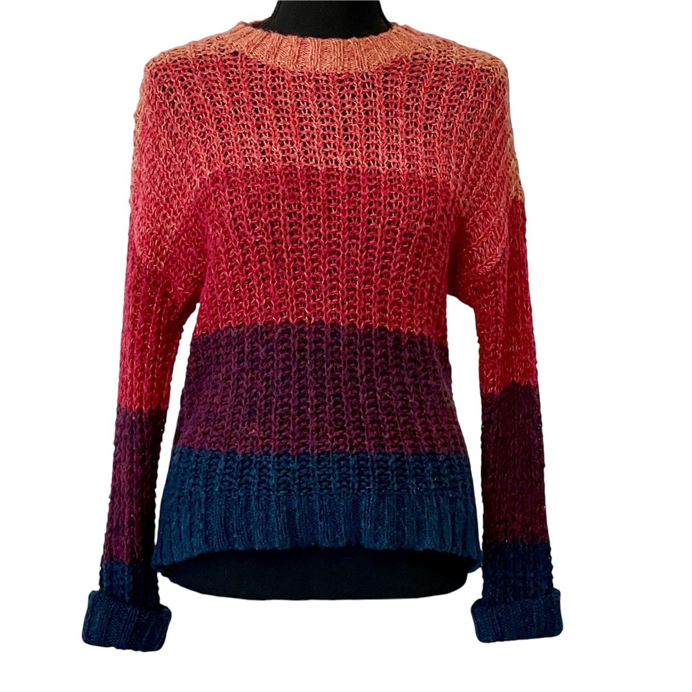 American Eagle Size XS Knit Crew Neck Sweater Ombre Stripes High-Low Hemline